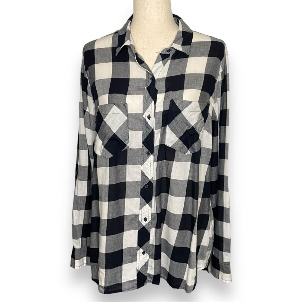 Gap Factory Hunter Plaid Button Down Long Sleeve Shirt In Black White Women’s XL